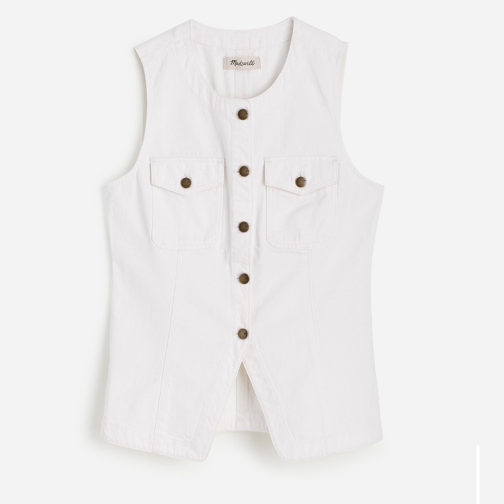 White Sleeveless Button-Up Vest with Pockets